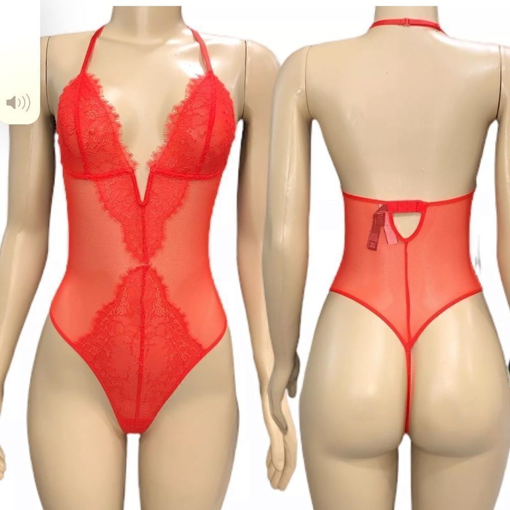 Victoria’s Secret Sheer mesh & lace teddy V wire plunge medium red
